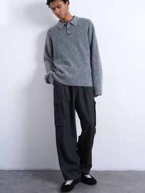 New Topman Oversized Ribbed Polo Sweater Grey Men's Size Medium